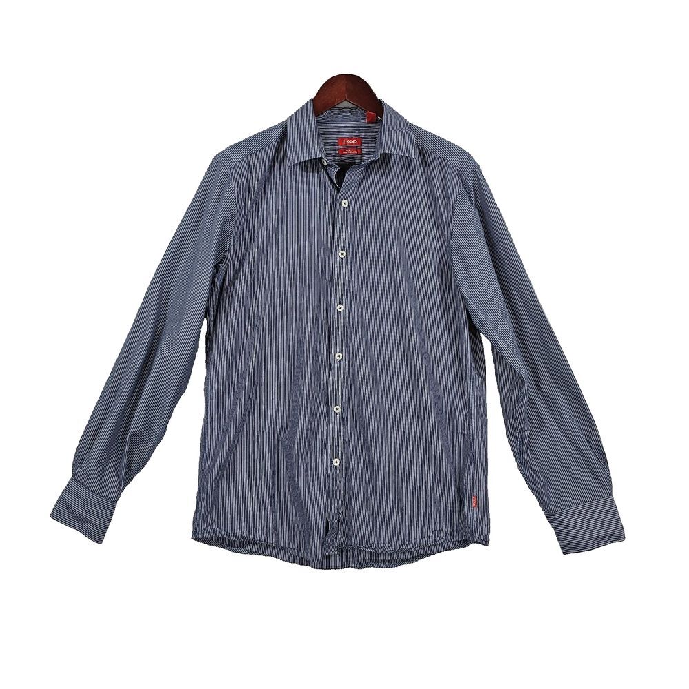 IZOD Mens Dress Shirt Long Sleeve Slim Fit Button Up Cotton Striped Blue White M
